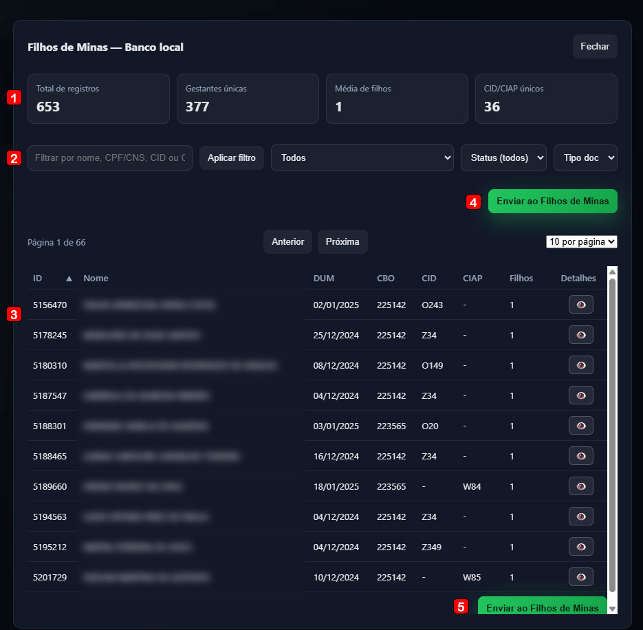 Tela interna do módulo Filhos de Minas mostrando o banco local e ações